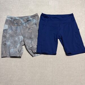 2 Piece Bike Shorts Bundle Large Navy Blue Tie Dye Pockets Yoga Athletic